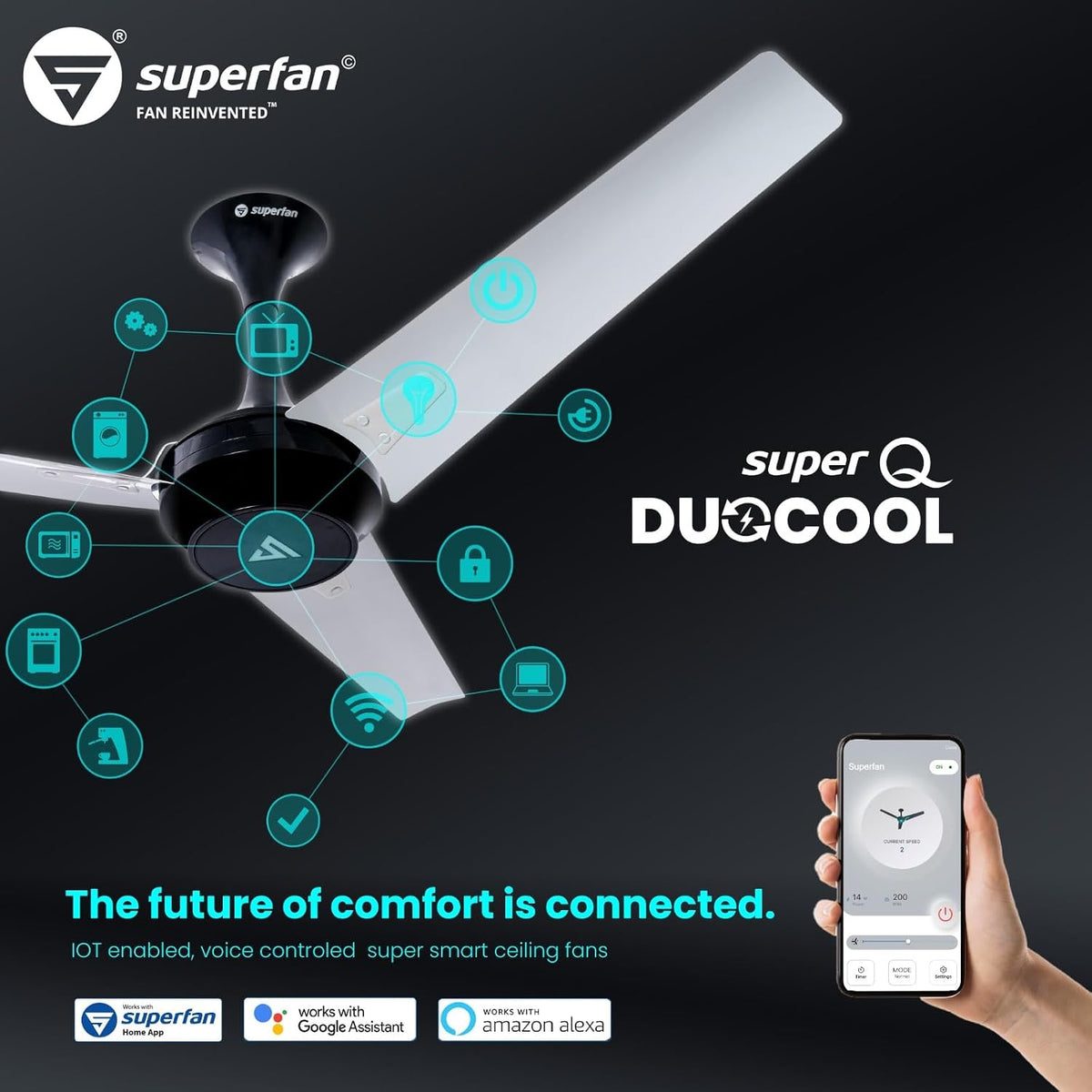 Superfan SuperQ Duocool 1200 mm BLDC Smart Ceiling Fan with IoT & Remote (Onyx Marine)-6