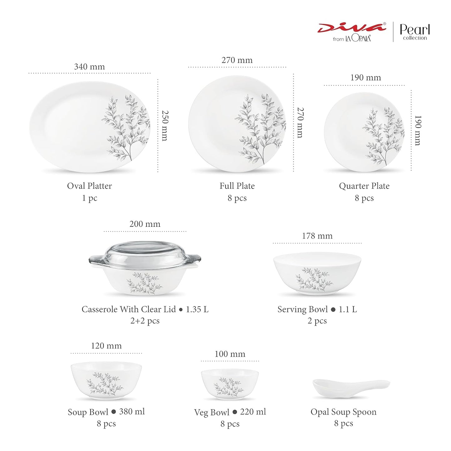 Diva by La Opala, Pearl Collection, Opal Glass Dinner Set 47 pcs, Dusky Vines, White