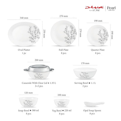 Diva by La Opala, Pearl Collection, Opal Glass Dinner Set 47 pcs, Dusky Vines, White