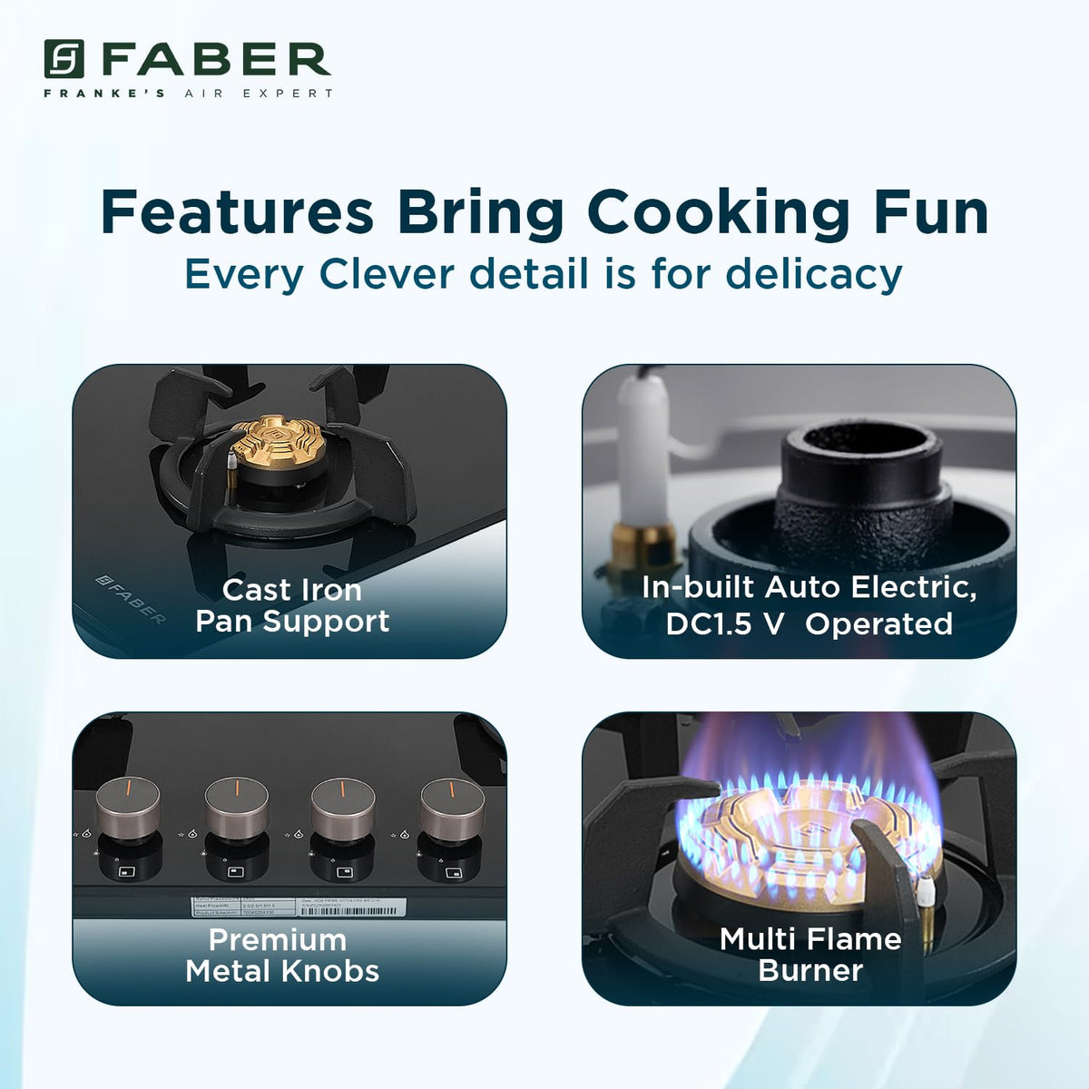 Faber 4 Burner 70cm Hob |Auto-Ignition HOB PRIME HT704 CRS BR CI AI |Metal Knobs Cast Iron Pan Support |Hob/Cooktop Hybr