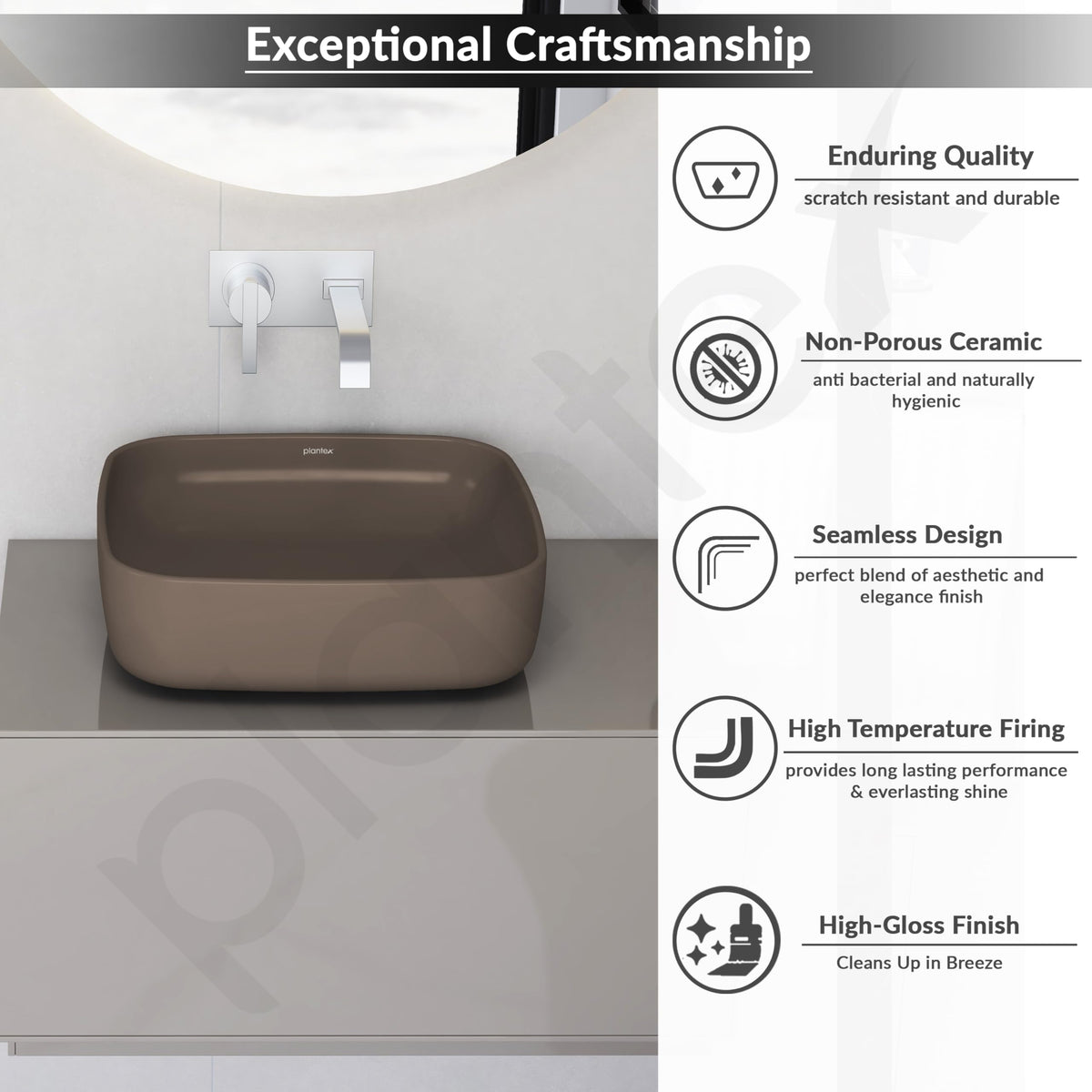 Plantex Ceramic Wall-Hung Commode with Tabletop Wash Basin for Bathroom/Rimless Washdown Flush Western Toilet/Bathroom Wash Basin - P Trap Commode - Choco-6