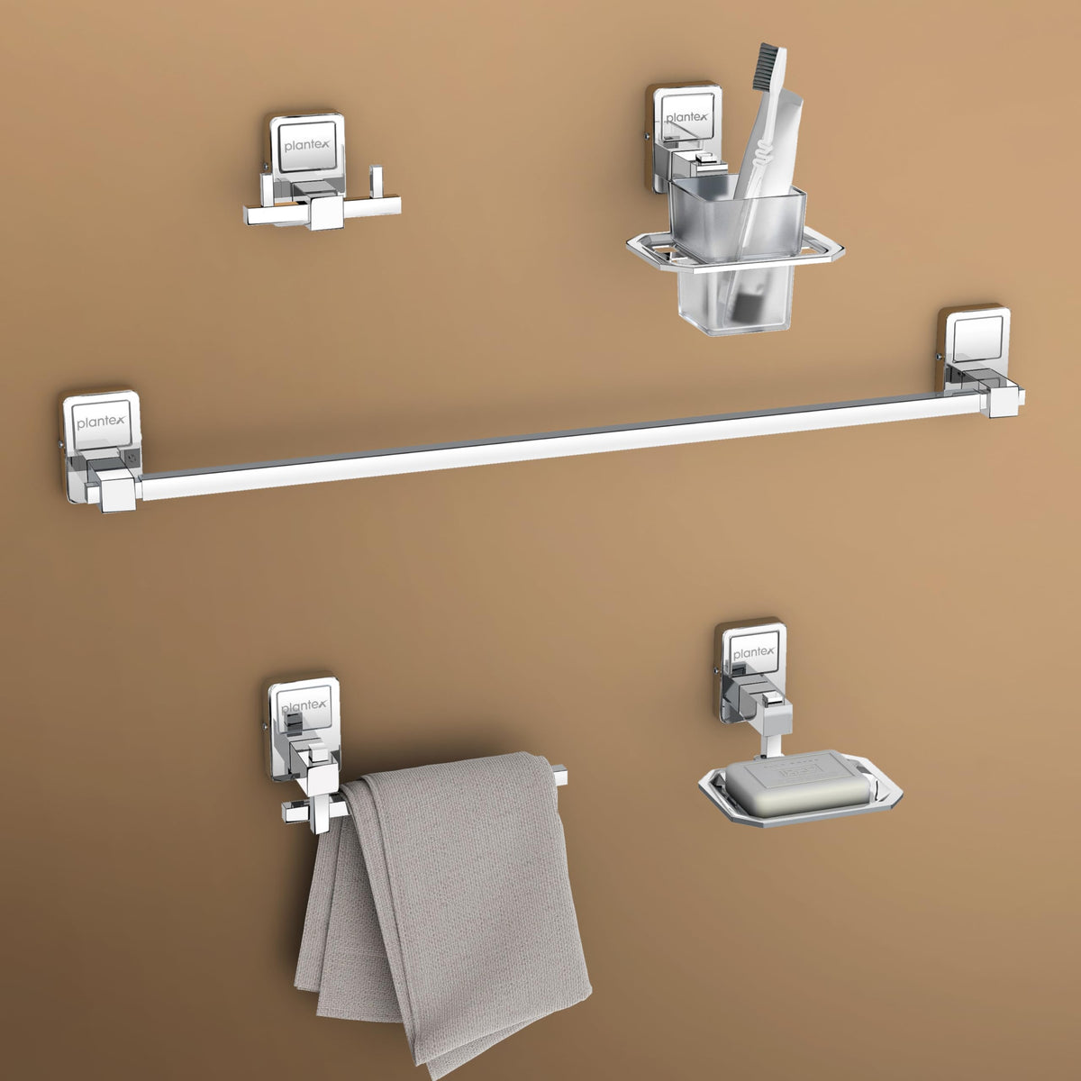 Plantex 304 Grade Stainless Steel Bathroom Accessories Set of 5 - Towel Rod/Hand Napkin Hanger for Wash Basin/Soap Case/Toothbrush Holder/Robe Hook - Darcy (Chrome)-1