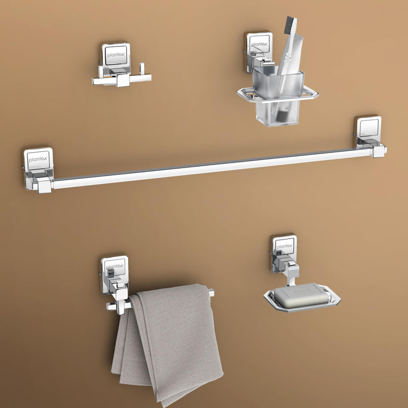 Plantex 304 Grade Stainless Steel Bathroom Accessories Set of 5 - Towel Rod/Hand Napkin Hanger for Wash Basin/Soap Case/Toothbrush Holder/Robe Hook - Darcy (Chrome)-1