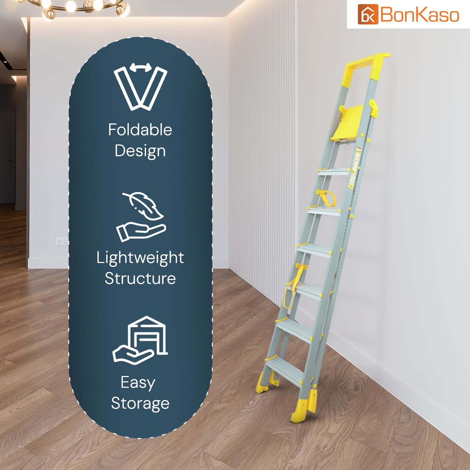 Bonkaso Climb Lite Pro+ 7 Step - Aluminium Foldable Ladder with Tool Tray (130W x 209H Cm) | Heavy-Duty, Anti-Slip & Firm Grip for Home, Indoor & Outdoor Use | Durable & Portable (Yellow & Satin)