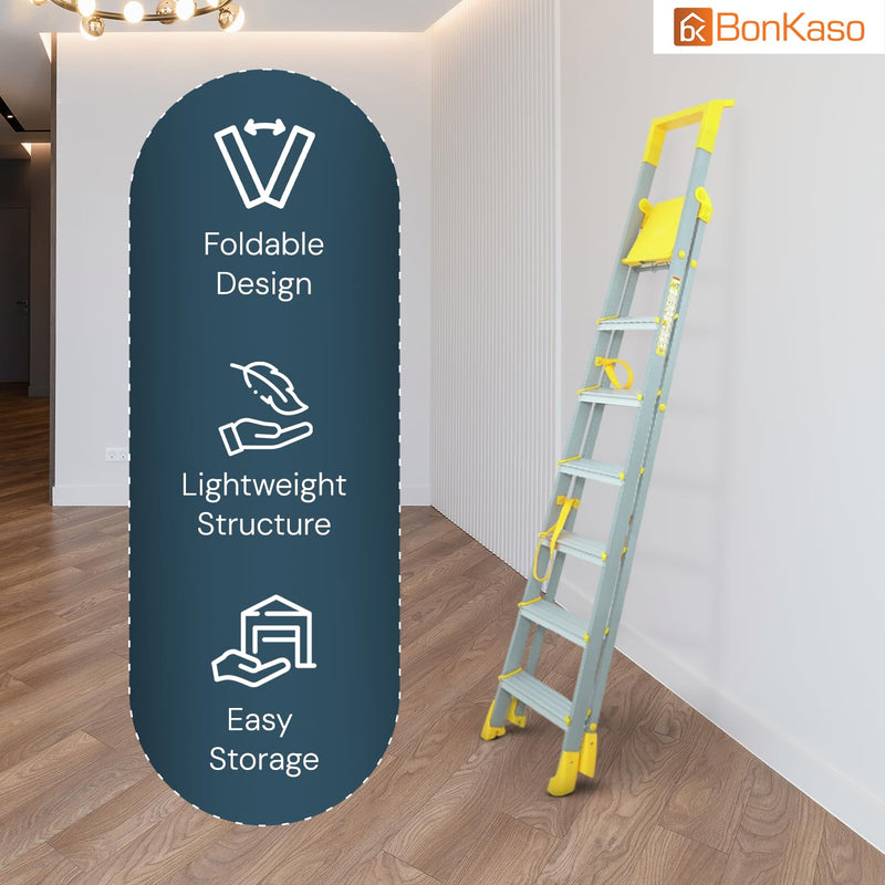Bonkaso Climb Lite Pro+ 7 Step - Aluminium Foldable Ladder with Tool Tray (130W x 209H Cm) | Heavy-Duty, Anti-Slip & Firm Grip for Home, Indoor & Outdoor Use | Durable & Portable (Yellow & Satin)
