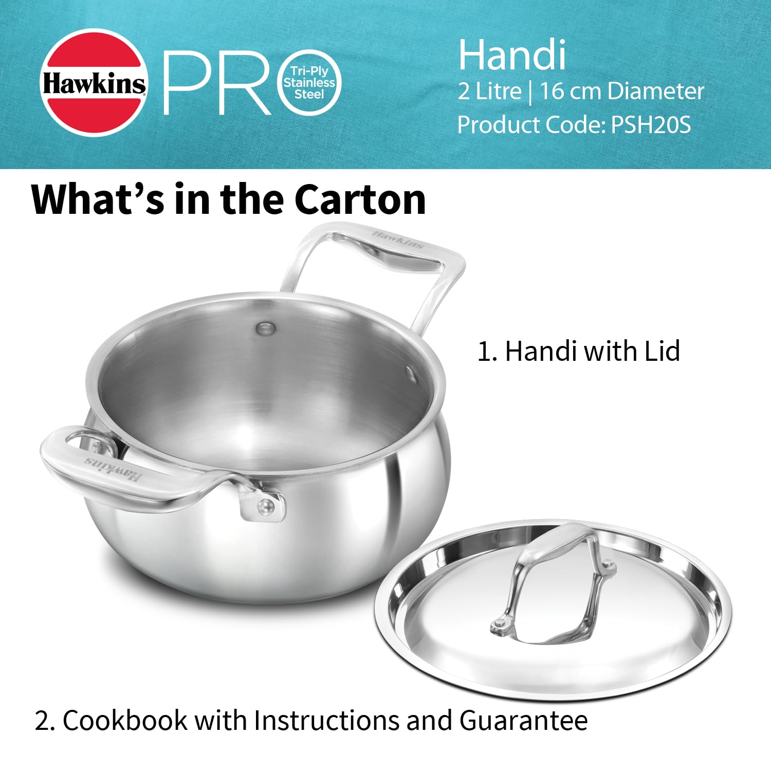 Hawkins Pro 2 Litre Handi with Lid, Triply Stainless Steel Sauce Pan for Cooking and Serving Biriyani, Silver (PSH20S)