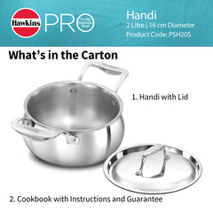 Hawkins Pro 2 Litre Handi with Lid, Triply Stainless Steel Sauce Pan for Cooking and Serving Biriyani, Silver (PSH20S)