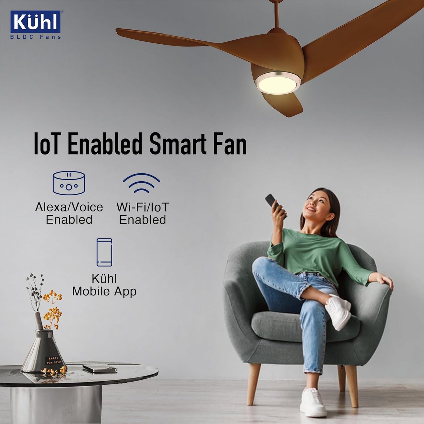 KUHL Twist L31320 mm 65% Power Saving BLDC Ceiling Fan | BEE 5 Star Rated & ISI Marked | High Air Flow |5YearWarranty on Motor By Brand |Free Installation | IoT – Operate via Mobile & Alexa | Brown