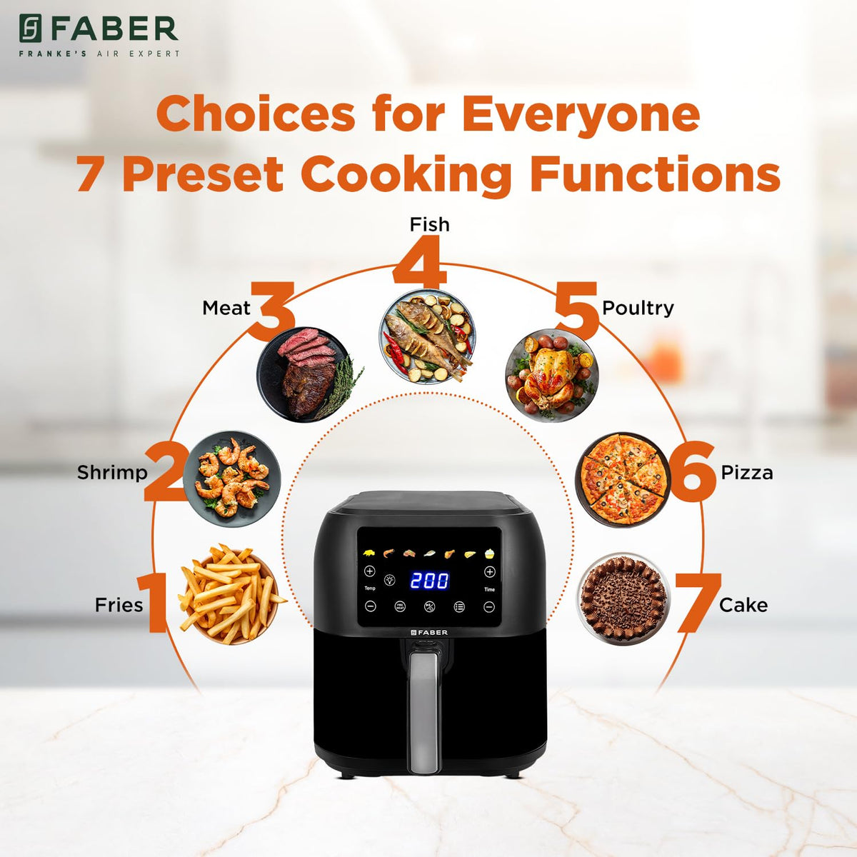 Faber 8 L 1700W Digital Air Fryer | Fry, Bake, Roast | 85% Less Oil, 200°C Swirl Heating Technology | 7-Preset Menu, Tou