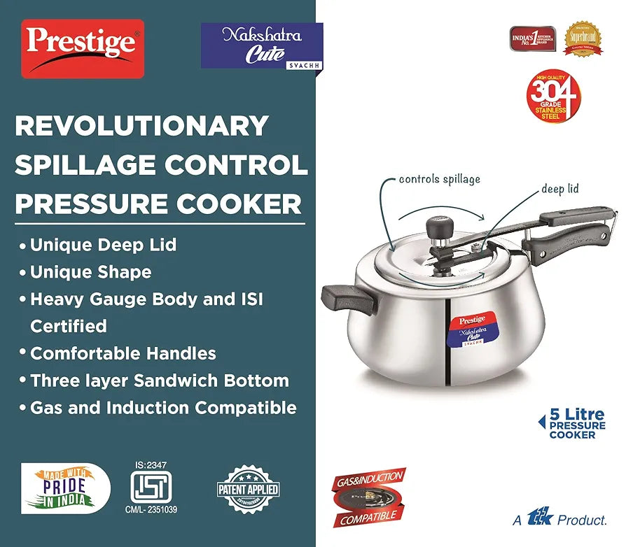 Prestige 5Litre Stainless Steel Nakshatra Cute Svachh Pressure Cooker|Deep Inner lid for spillage control|Induction compatible|3 layers sandwich bottom|Heavy gauge body|5 years warranty|ISI Certified