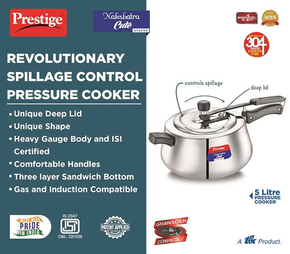 Prestige 5Litre Stainless Steel Nakshatra Cute Svachh Pressure Cooker|Deep Inner lid for spillage control|Induction compatible|3 layers sandwich bottom|Heavy gauge body|5 years warranty|ISI Certified