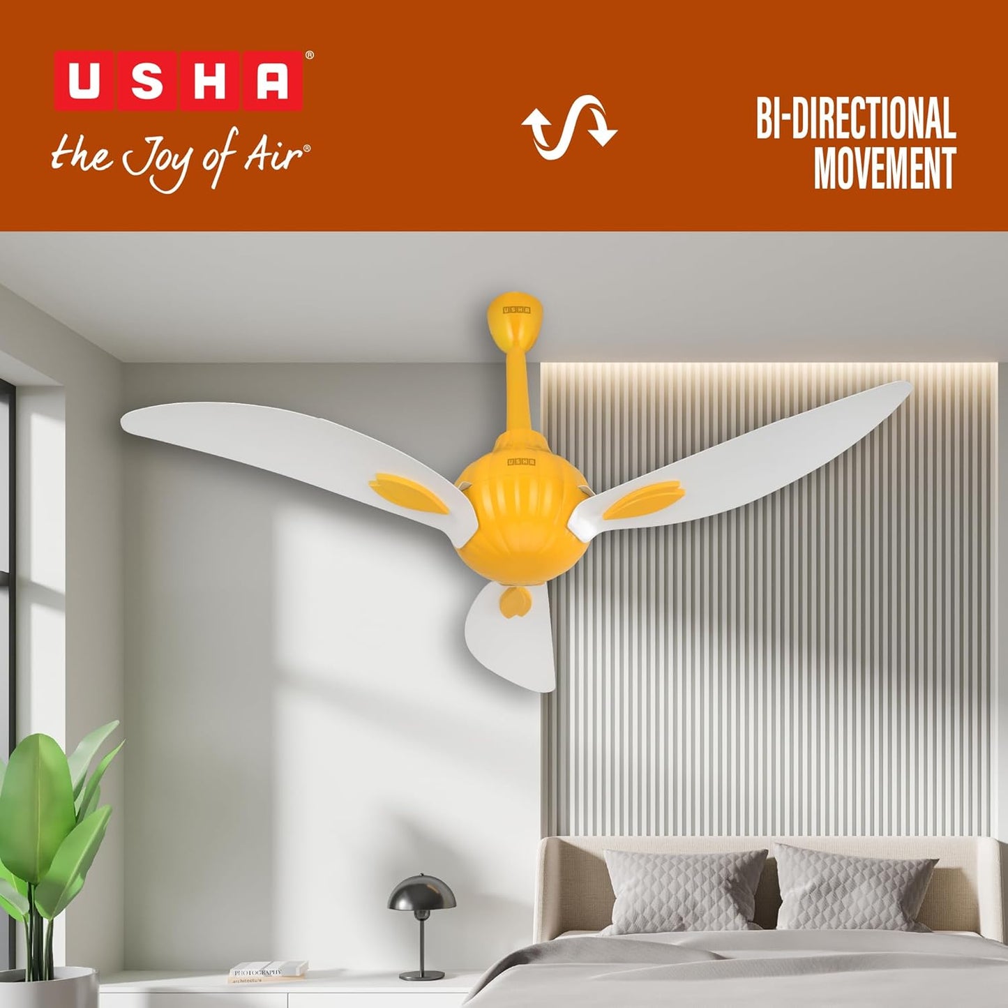 USHA New Bloom Series Helenium (Inspired by Helenium) BLDC Ceiling Fan with Bi-Directional Feature | Sleep/Boost/Timer Modes | RF Remote | Whisper-Quiet | Dust-Resistant (White & Saffron Yellow)