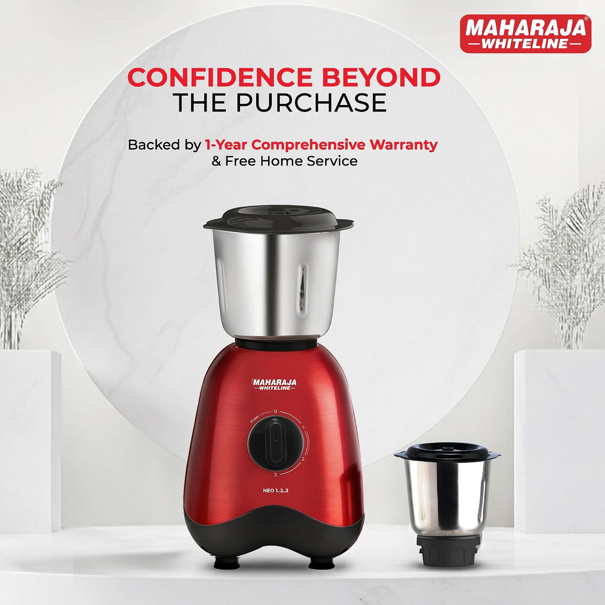 Maharaja Whiteline Neo 1..2..3 Mixer Grinder | 500 W Motor, 20,000 RPM | Long Running Time, Cooler Operation | Durable Coupler, Vacuum Foothold | Stainless Steel Blades | 2 Versatile Jars