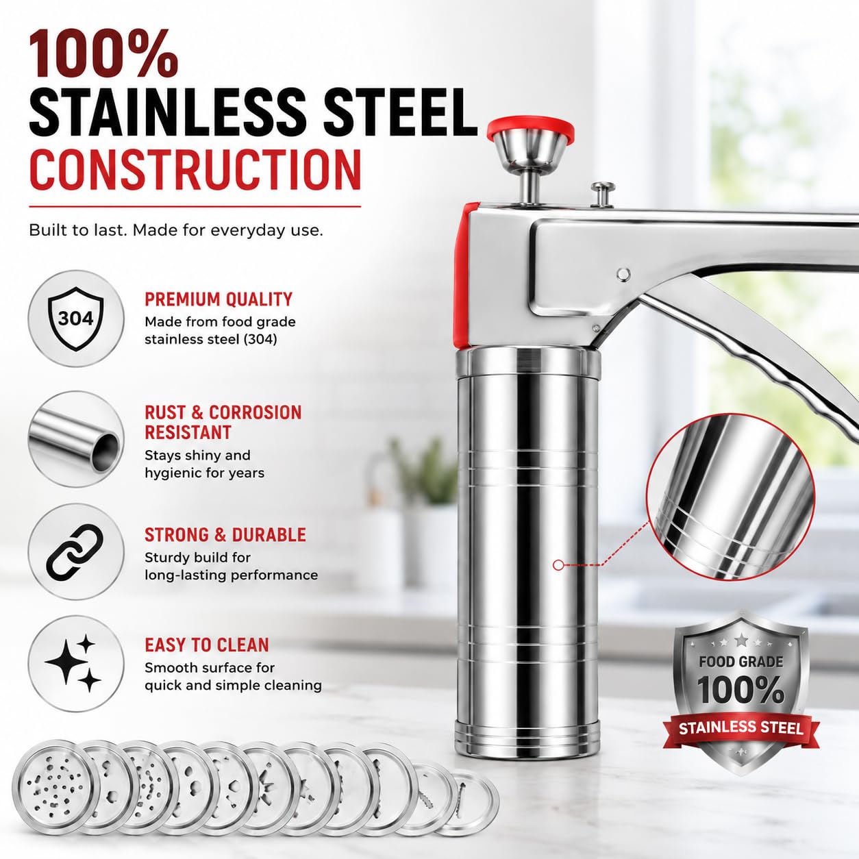 Kitchen Press Sev Sancha Machine | Murukku Maker | Chakli Maker | Idiyappam Press | Sev Bhujiya Gathiya Maker | Stainless Steel Snacks Maker for Farsan Namkeen Noodles Cookies