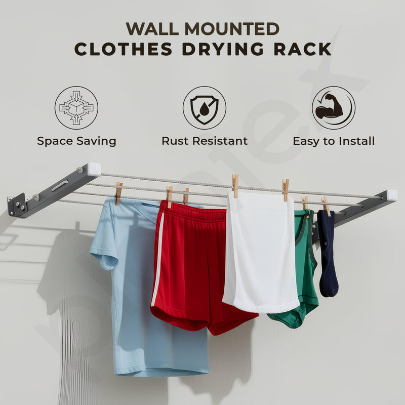 Plantex GI Steel Foldable Wall Mount Cloth Drying Stand with 30 Ft Rope/Wall Hanging Clothes Dryer Rack for Indoor & Outdoor Use/Space-Saving Design for Laundry or Utility Room Grey-2