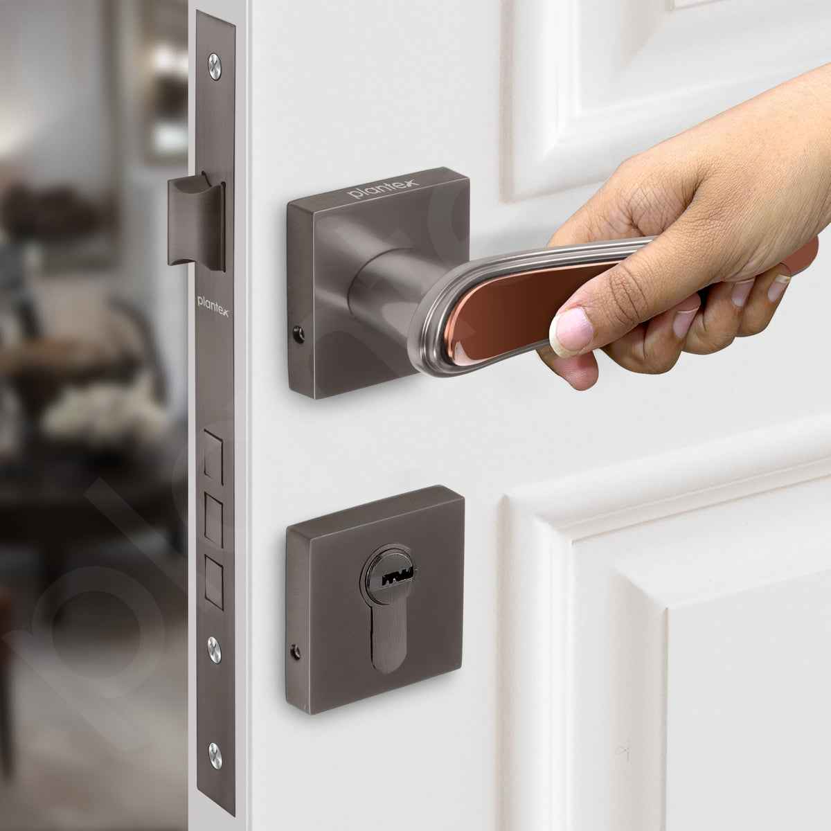 Plantex Main Door Lock/Mortise Lock for Doors - Robust Door Lock Handle for Home with Brass Lock Body & Cylinder (PT-014, Satin Black & Rose Gold)-6