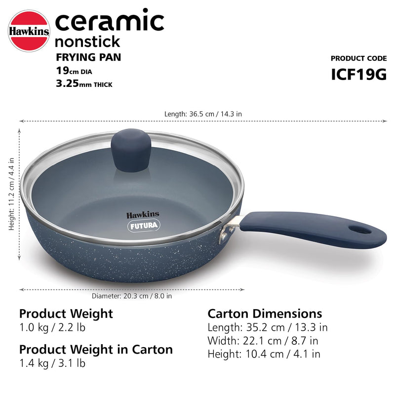Hawkins Ceramic Nonstick Frying Pan, 19 cm Diameter, Induction Fry Pan with Glass Lid, Granite Omlette Egg Pan (ICF19G)