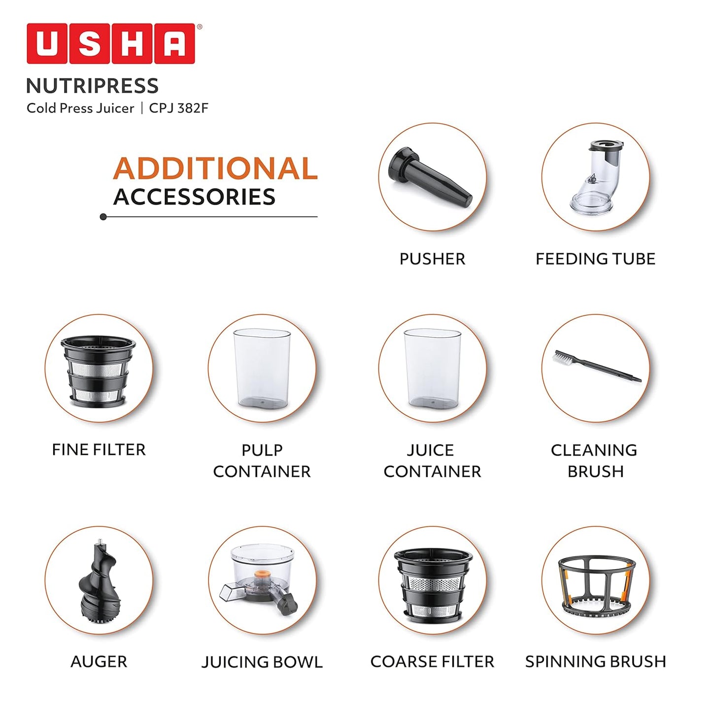 Usha CPJ 382F NutriPress Cold Press Juicer with Full Mouth Feeding Tube, 200 Watt (Black & White)