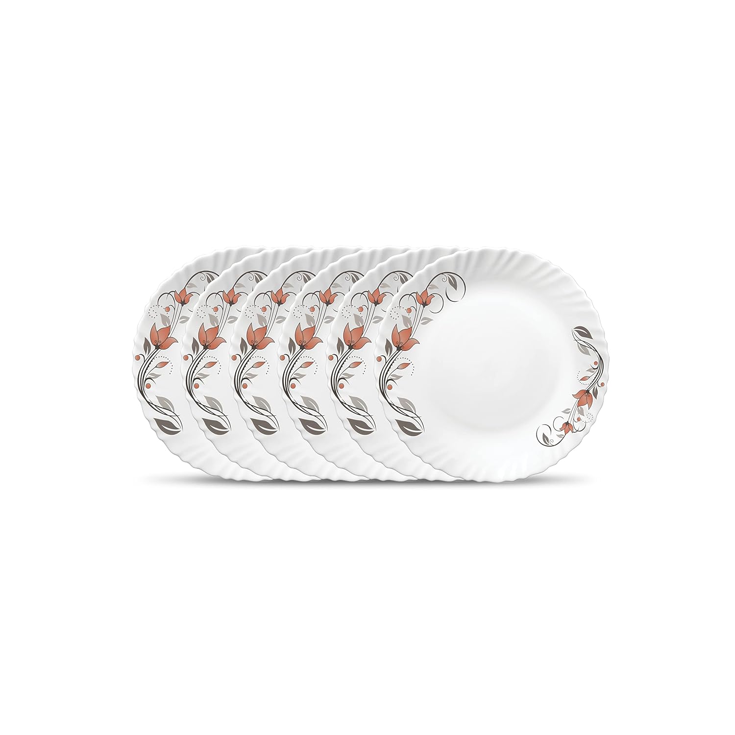 La Opala Novo Collection Opal Glass Crockery | Quarter Plate Set of 6 | Scarlet Blooms Design | Plates for Snacking & Gifting | Microwave Safe | 100% Vegetarian | Extra Strong | Super Light & White