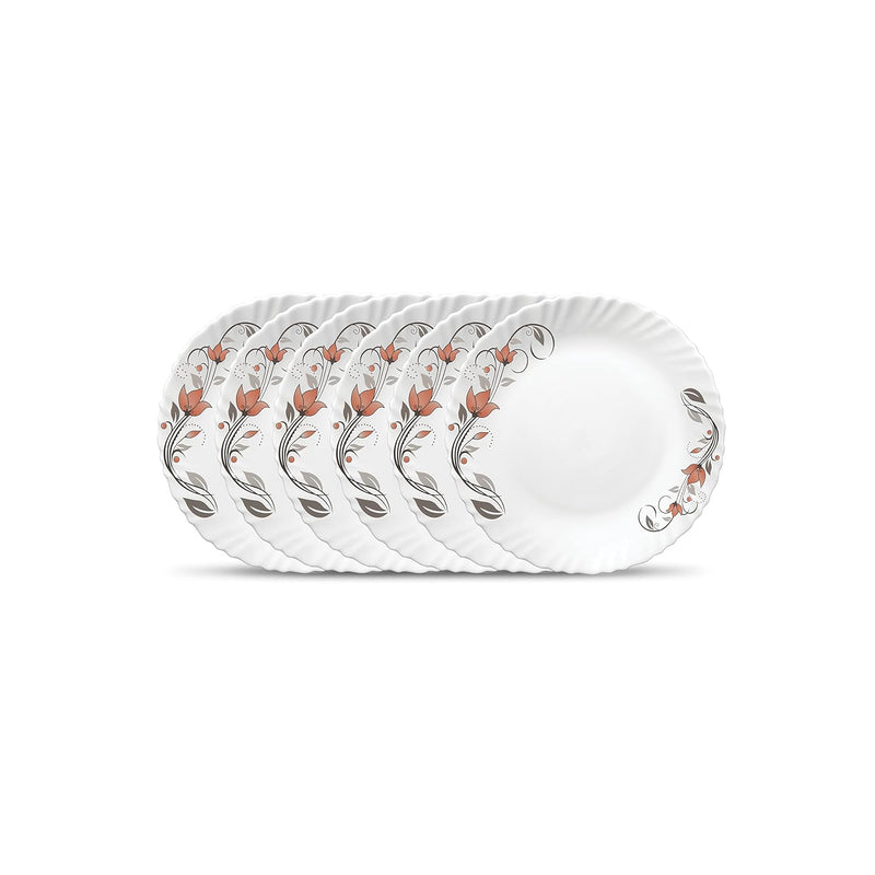La Opala Novo Collection Opal Glass Crockery | Quarter Plate Set of 6 | Scarlet Blooms Design | Plates for Snacking & Gifting | Microwave Safe | 100% Vegetarian | Extra Strong | Super Light & White