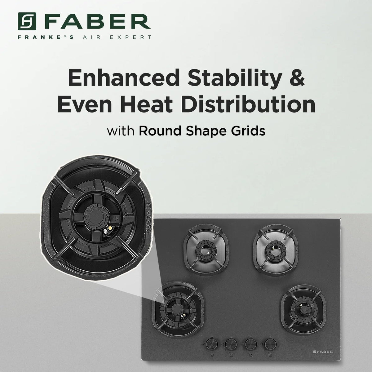 Faber Della 4 Burner 72cm Hob |Auto-Ignition|Brass Burner| Cast Iron Pan Support |Hob/Cooktop Hybrid| Matt Black Glass F