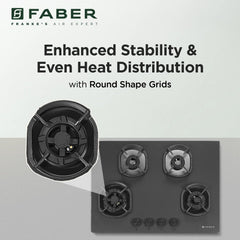 Faber Della 4 Burner 72cm Hob |Auto-Ignition|Brass Burner| Cast Iron Pan Support |Hob/Cooktop Hybrid| Matt Black Glass F