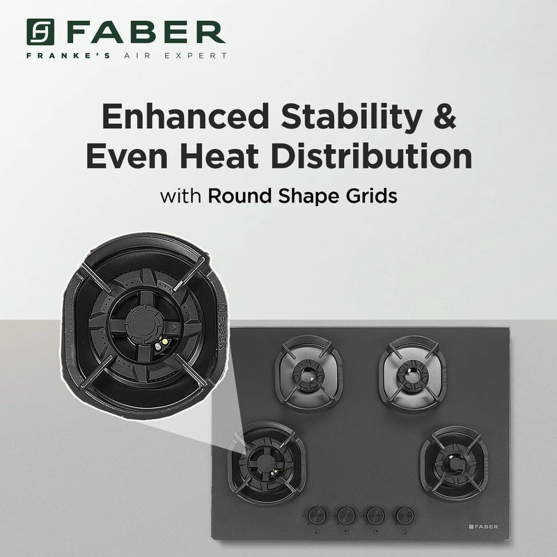 Faber Della 4 Burner 72cm Hob |Auto-Ignition|Brass Burner| Cast Iron Pan Support |Hob/Cooktop Hybrid| Matt Black Glass F