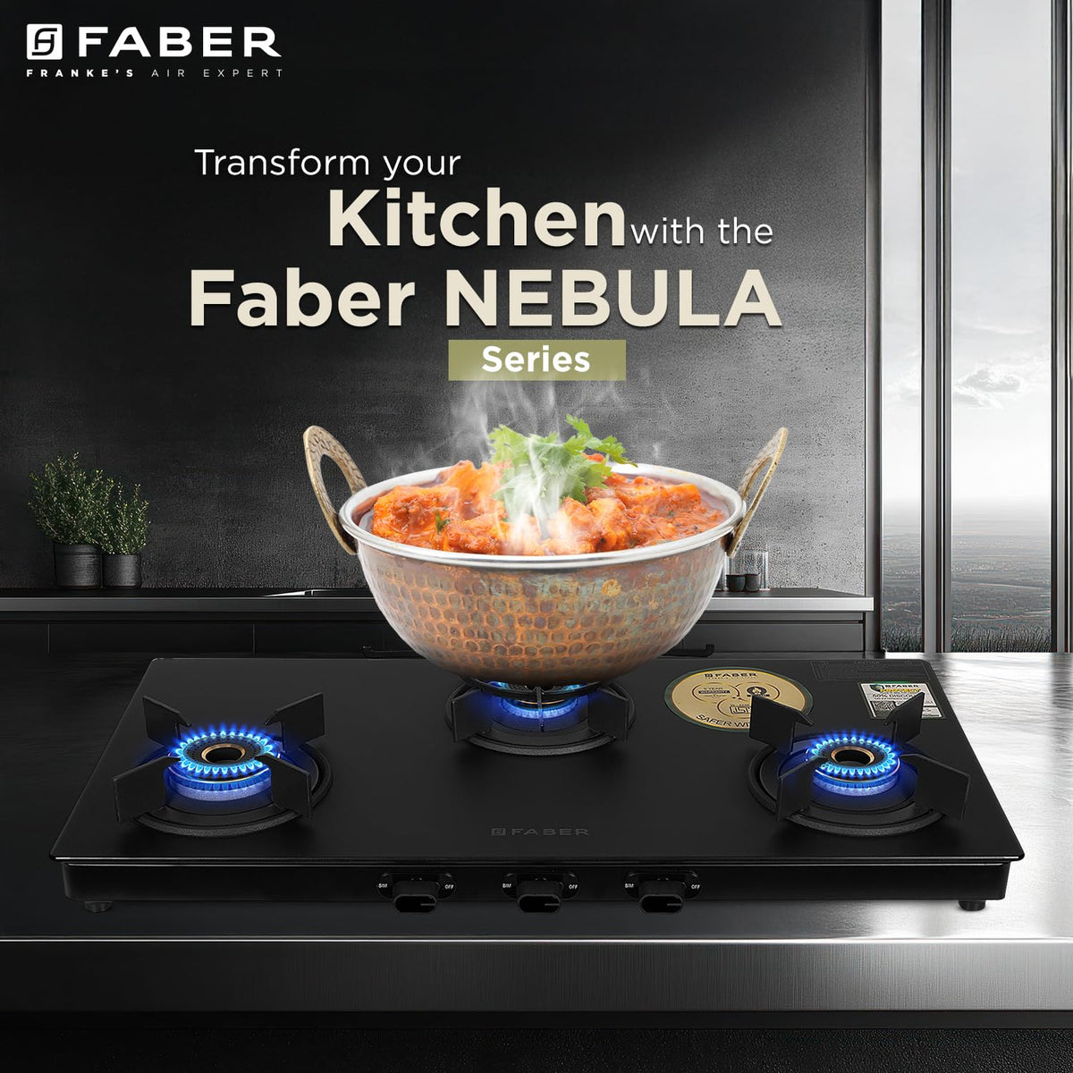 Faber Nebula Black Matt Glass Finish Cooktop |3 Brass Burners - Jumbo, Medium & Small | Manual Ignition| Heavy Pan Suppo