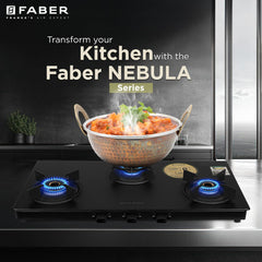 Faber Nebula Black Matt Glass Finish Cooktop |3 Brass Burners - Jumbo, Medium & Small | Manual Ignition| Heavy Pan Suppo