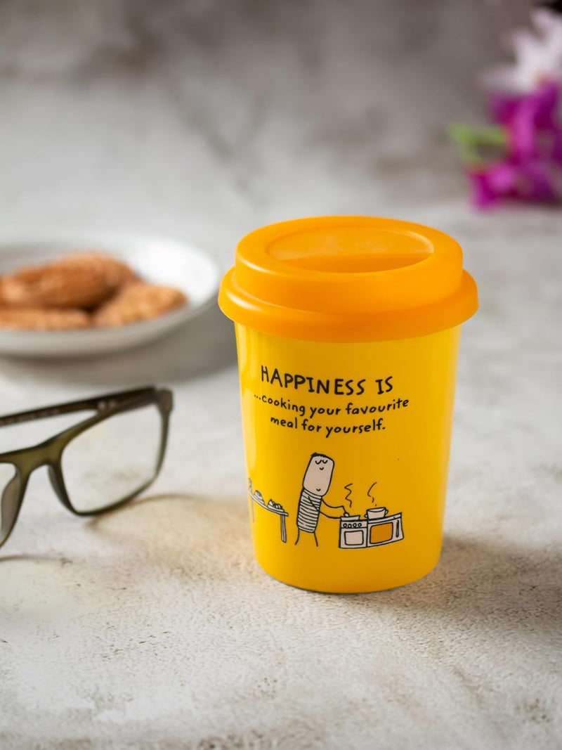 Clay Craft Fine Ceramic Happiness is Small Travel Mug - 350 ml (Yellow)