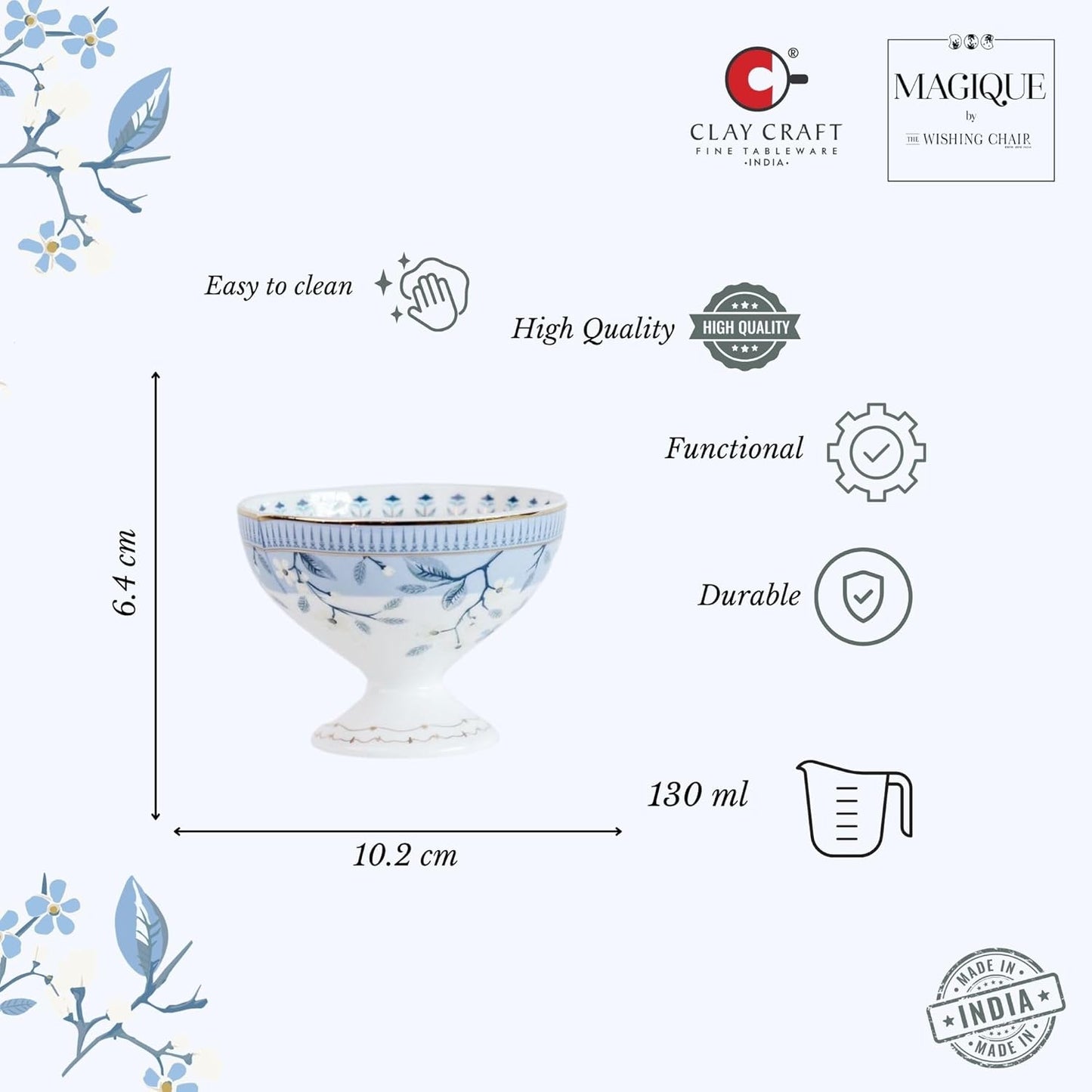 Magique by The Wishing Chair x ClayCraft : River of Flowers Dessert Cups Set of 4 | 160 ml Ceramic Ice Cream Bowls | Elegant Floral Cups for Ice Cream, Sorbet & Gelato | Dishwasher Safe