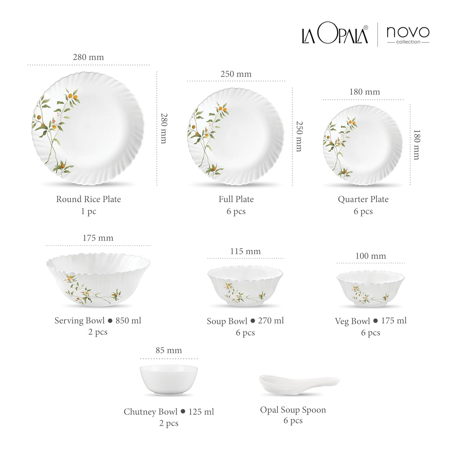 La Opala Novo Collection Opal Glass Crockery | for Family of 6 | Dinner Set 35 pcs Vivid Greens | Plates & Bowls for Dining | Microwave Safe | 100% Vegetarian | Extra Strong | Light & White