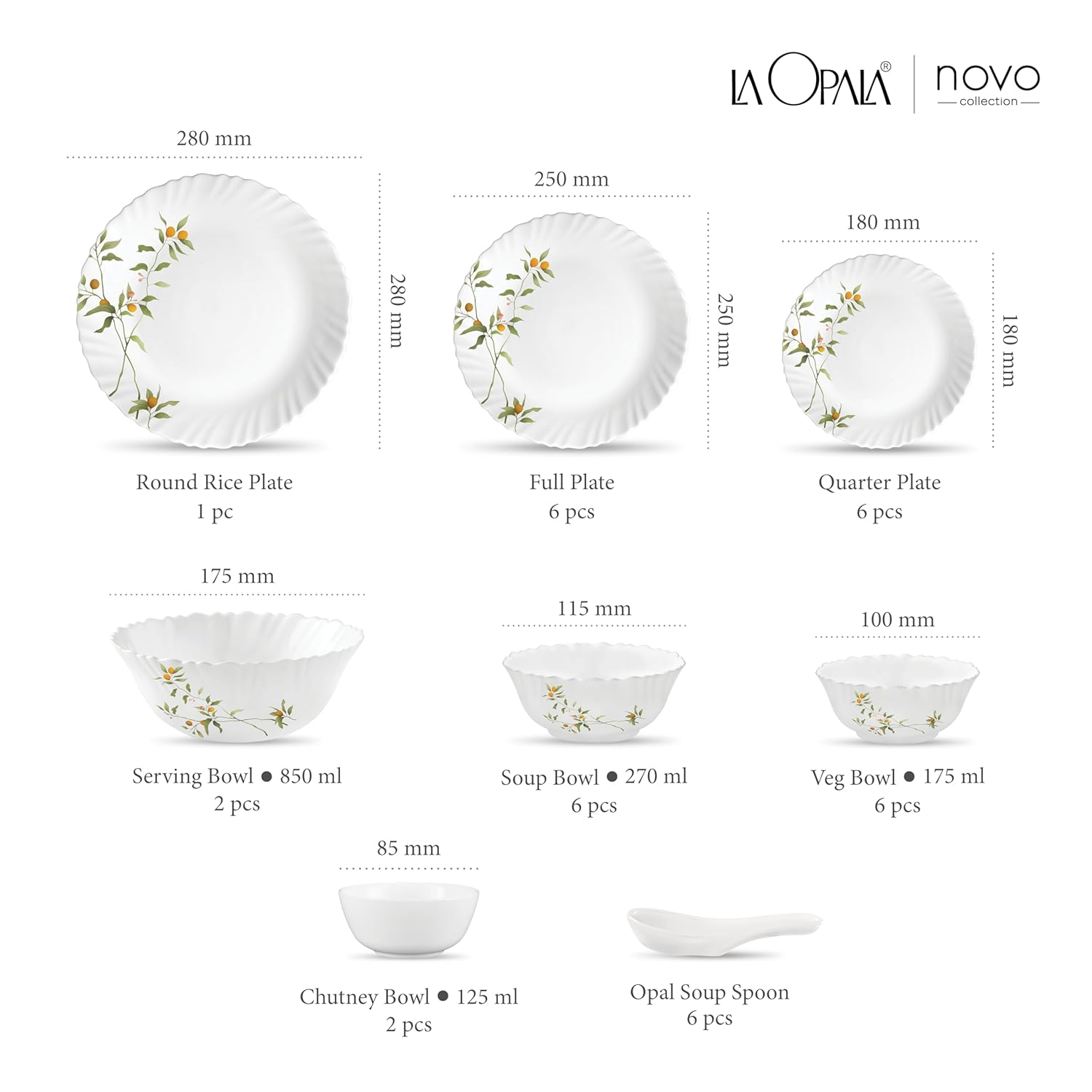 La Opala Novo Collection Opal Glass Crockery | for Family of 6 | Dinner Set 35 pcs Vivid Greens | Plates & Bowls for Dining | Microwave Safe | 100% Vegetarian | Extra Strong | Light & White