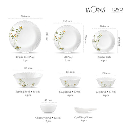 La Opala Novo Collection Opal Glass Crockery | for Family of 6 | Dinner Set 35 pcs Vivid Greens | Plates & Bowls for Dining | Microwave Safe | 100% Vegetarian | Extra Strong | Light & White