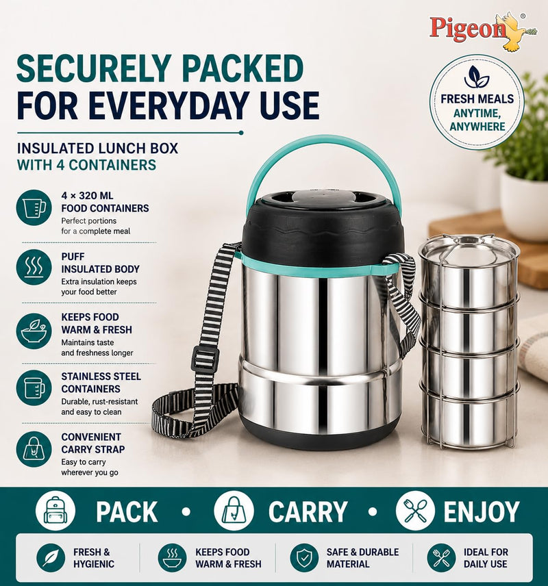 Pigeon HotBite Stainless Steel Insulated Lunch Box with 320 ml Food Containers, Hot and Cold