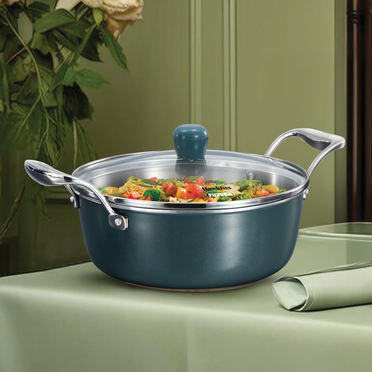 Hawkins Olive Pro 3 Litre Cook n Serve Bowl, Triply Stainless Steel Pan with Stainless Steel Handles and Glass Lid, Green (POSC30G)