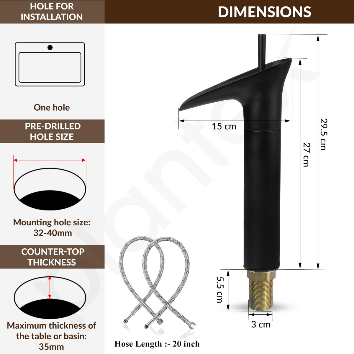 Plantex Pure Brass Pillar Tap/Wash Basin Mixer Tap Hot and Cold/Single Lever Water Tap/Pillar Cock for Basin-(8307-Black)-5