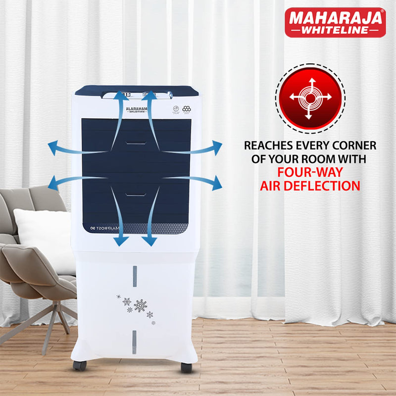Maharaja Whiteline MAXFROST 90 Desert Air Cooler with 90 ltr Large Tank Capacity, 200W (White & Navy Blue)