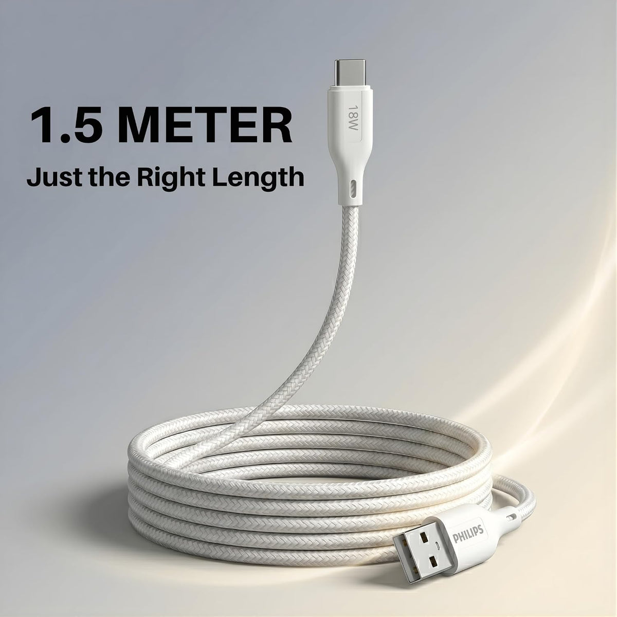 Philips DLC4150AW/94 18W Type-A to Type-C Fast Charging Cable (1.5m, Bright White)