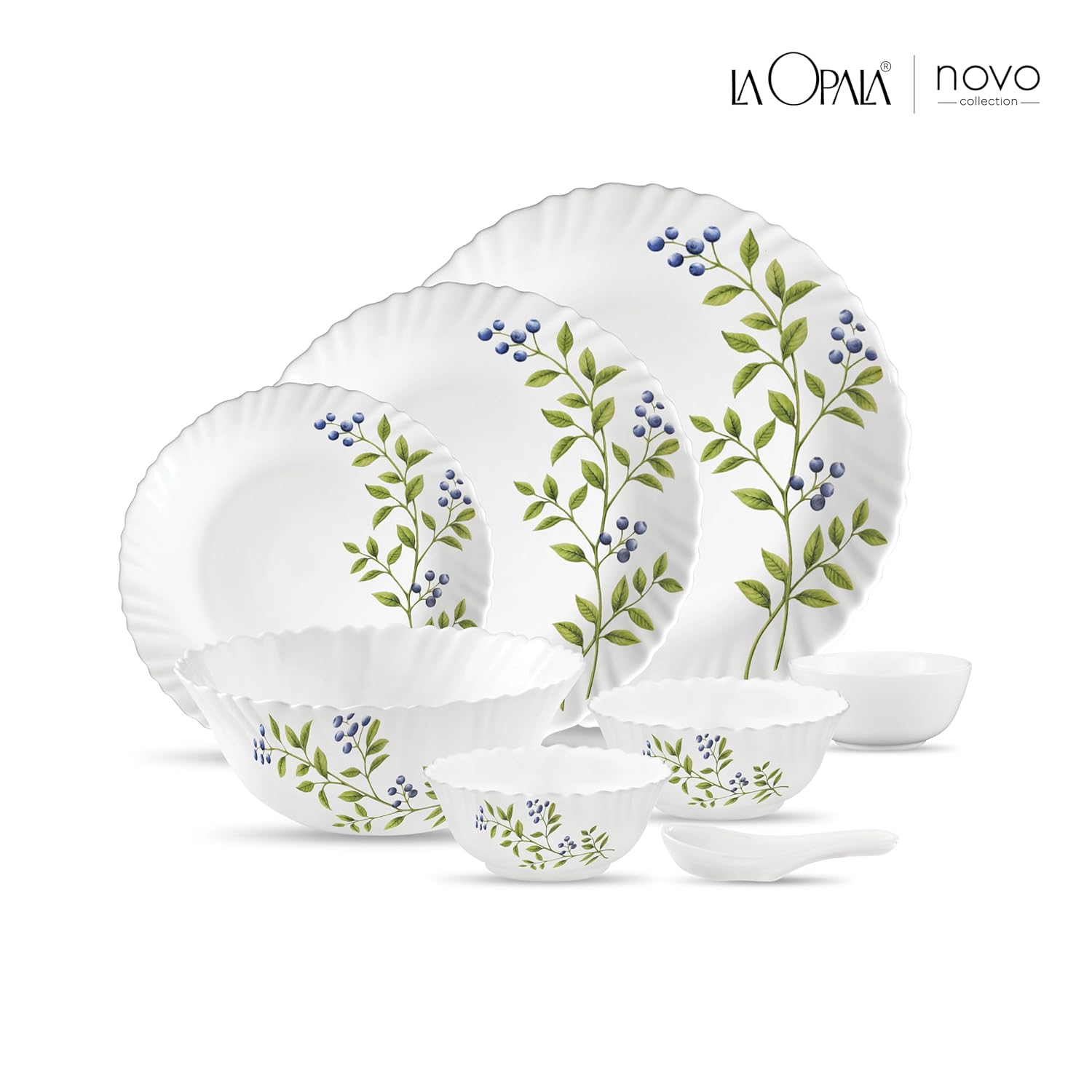 La Opala Novo Collection Opal Glass Crockery | for Family of 6 | Dinner Set 35 pcs Lush Greens | Plates & Bowls for Dining | Microwave Safe | 100% Vegetarian | Extra Strong | Light & White