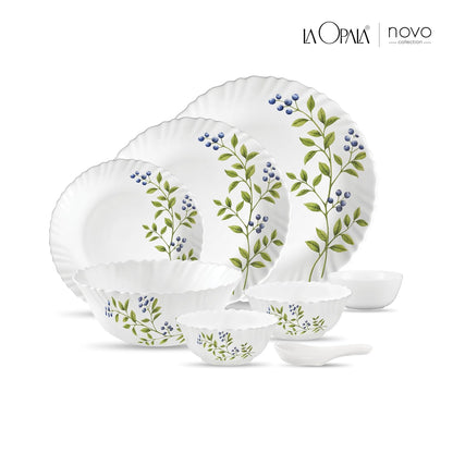 La Opala Novo Collection Opal Glass Crockery | for Family of 6 | Dinner Set 35 pcs Lush Greens | Plates & Bowls for Dining | Microwave Safe | 100% Vegetarian | Extra Strong | Light & White