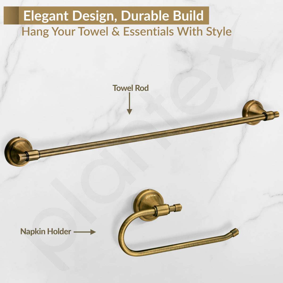 Plantex 304 Grade Stainless Steel Bathroom Accessories Set of 5 - Towel Rod/Hand Napkin Hanger for Wash Basin/Soap Case/Toothbrush Holder/Robe Hook - Niko (Brass Antique)-6