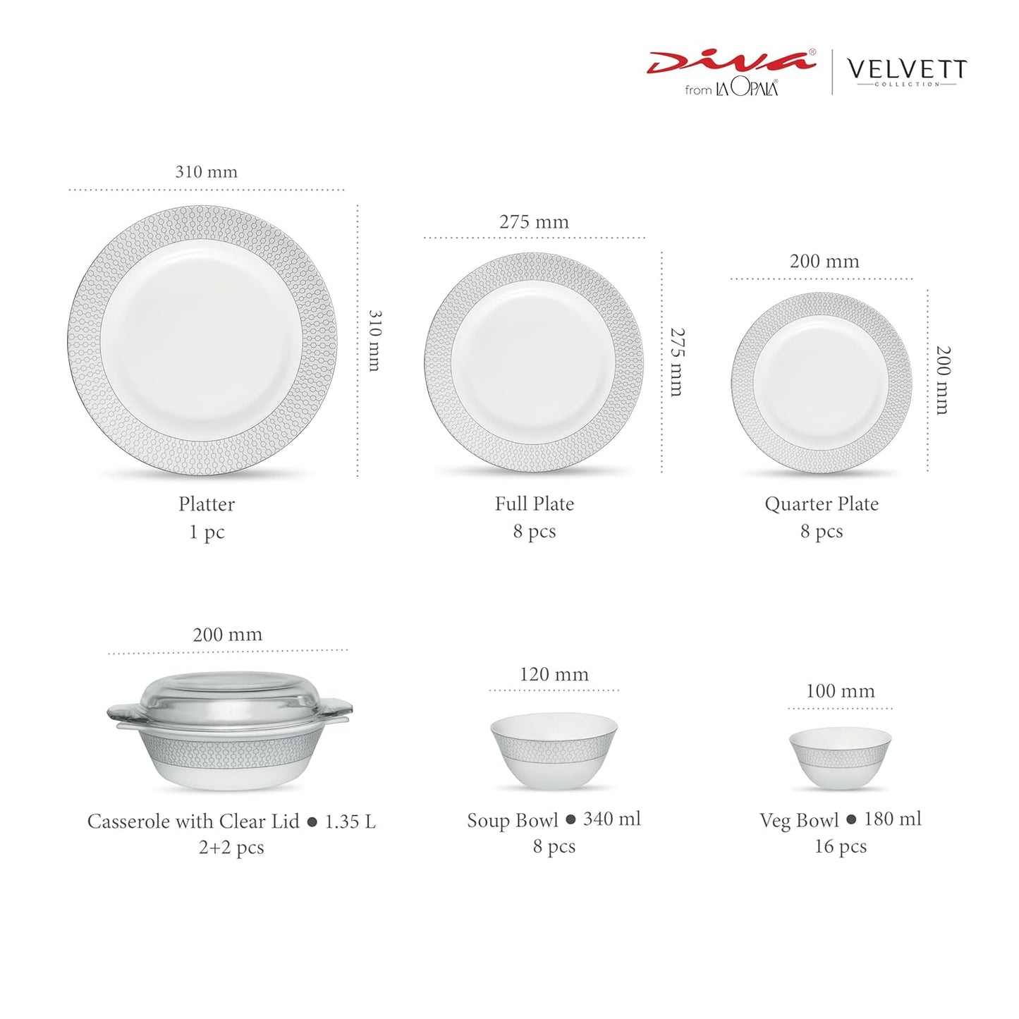 La Opala Diva Velvett Collection Opal Glass Crockery | for Family of 8 | Dinner Set 45 pcs Stella Grey | Plates & Bowls for Dining | Microwave Safe | 100% Vegetarian | Extra Strong | Light & White