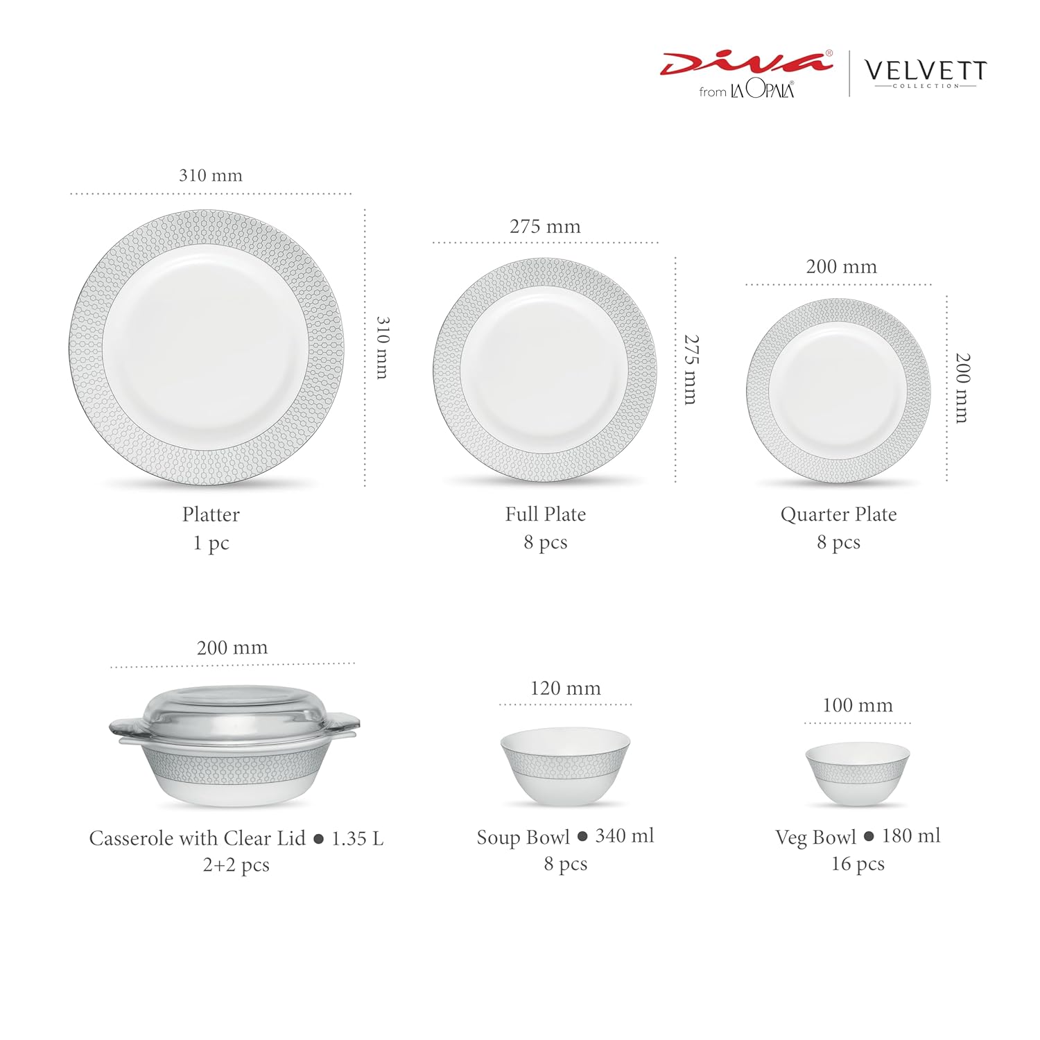 La Opala Diva Velvett Collection Opal Glass Crockery | for Family of 8 | Dinner Set 45 pcs Stella Grey | Plates & Bowls for Dining | Microwave Safe | 100% Vegetarian | Extra Strong | Light & White