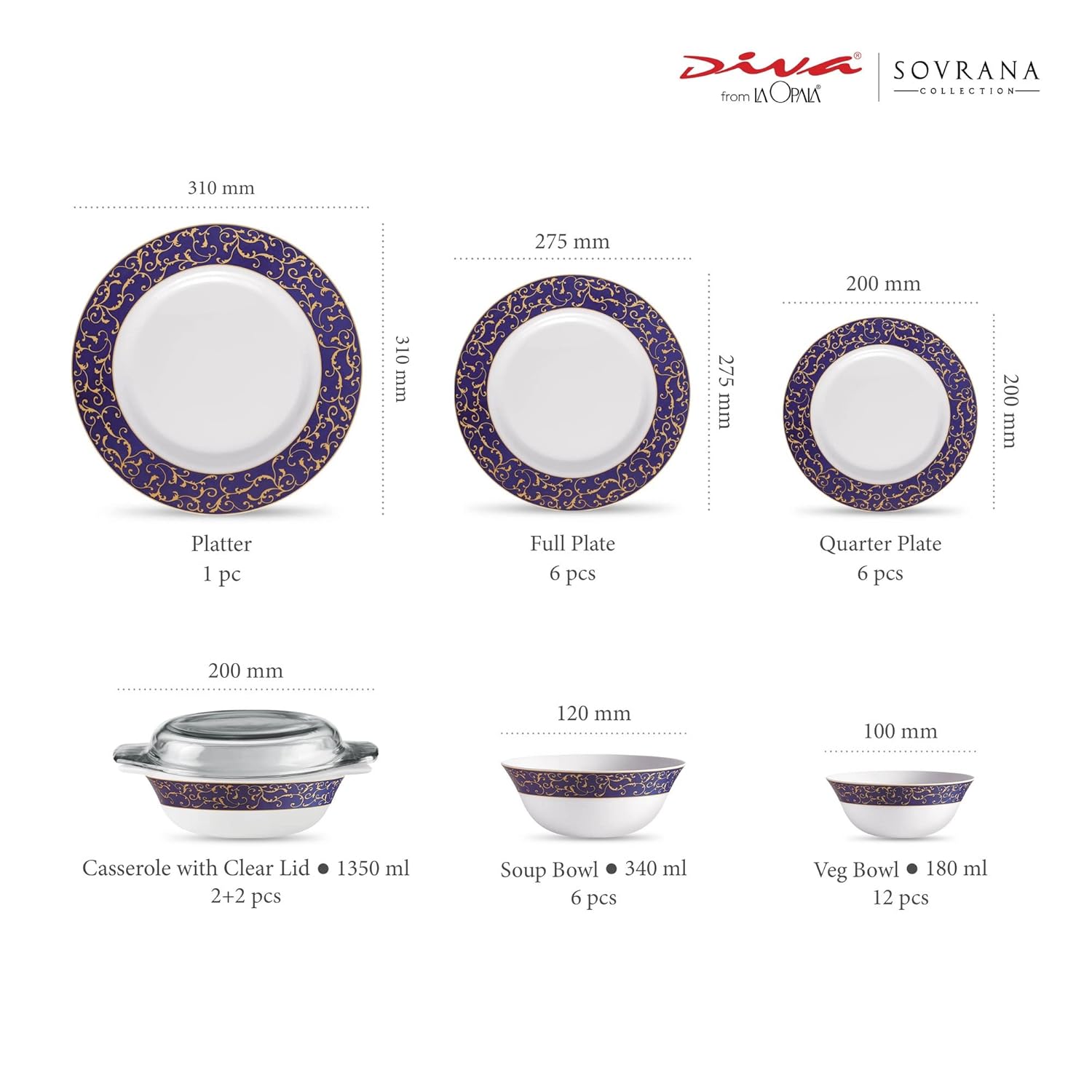 La Opala Diva Sovrana Collection Opal Glass Crockery | For Family of 6 | Dinner Set 35 pcs Anassa Blue | Plates & Bowls for Dining | Microwave Safe | 100% Vegetarian | Extra Strong | Light & White