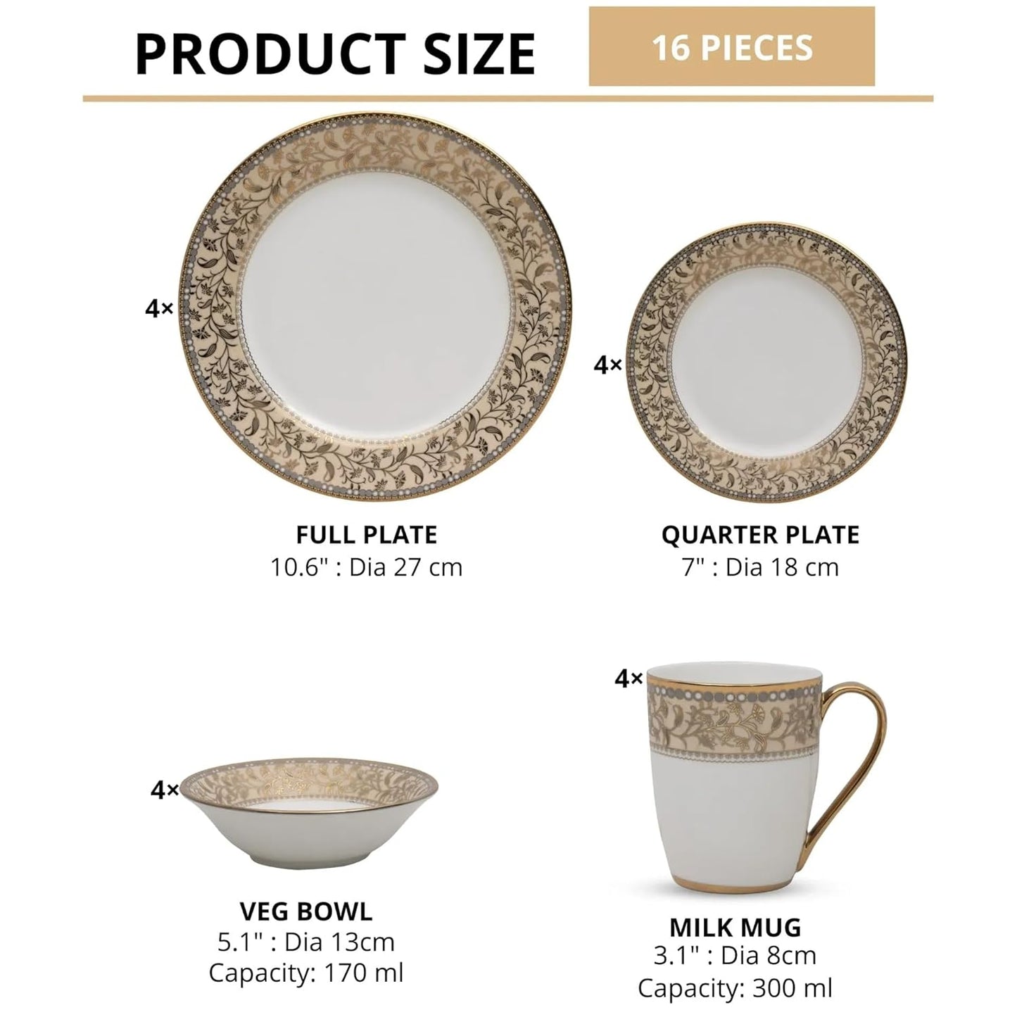 Clay Craft Fine Ceramic Ebony Dinner Set, Enchanting Gold, for Family of 4, Dinner Set Ceramic, Crockery Set, Dining Set for Dinner, Crockery Set for Gift, Kitchen Set (16 Pieces, E649)