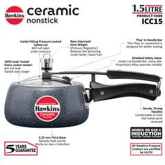 Hawkins 1.5 Litre Ceramic Nonstick Pressure Cooker, Induction Inner Lid Baby Cooker, Granite Contura shaped Cooker, Blue (ICC15)