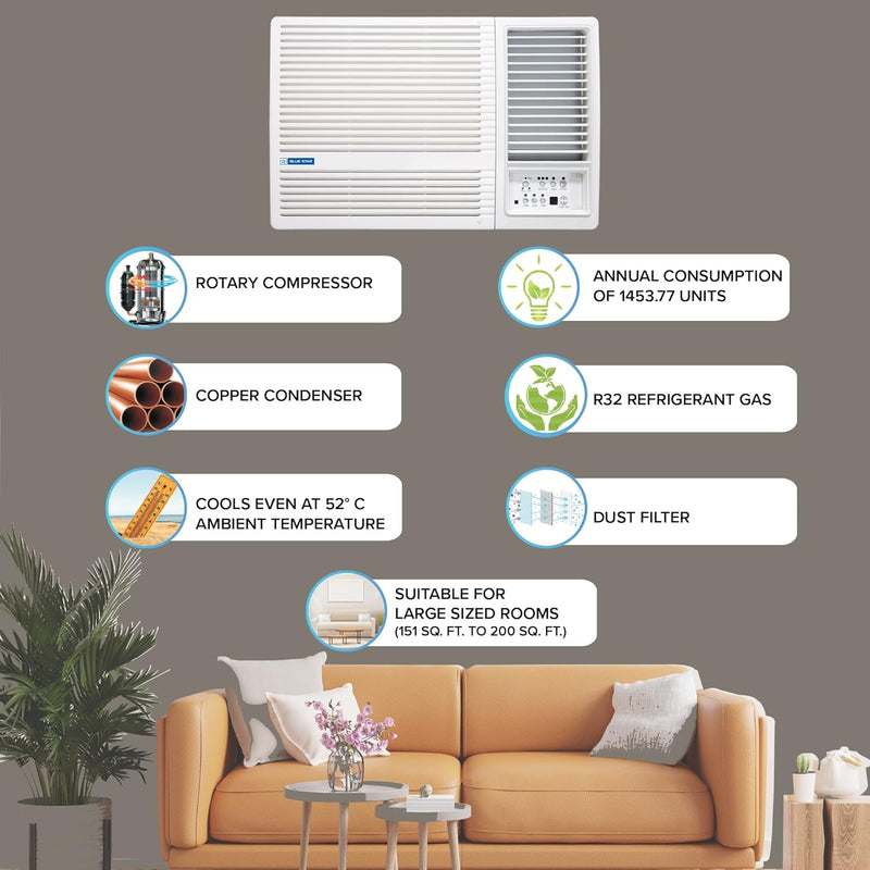 Blue Star 2 Ton 3 Star Fixed Speed Window AC (Copper, Turbo Cool, Humidity Control, Fan Modes-Auto/High/Medium/Low, Hydrophilic Blue Fins, Dust Filters, Self-Diagnosis, WFA324LN, White)