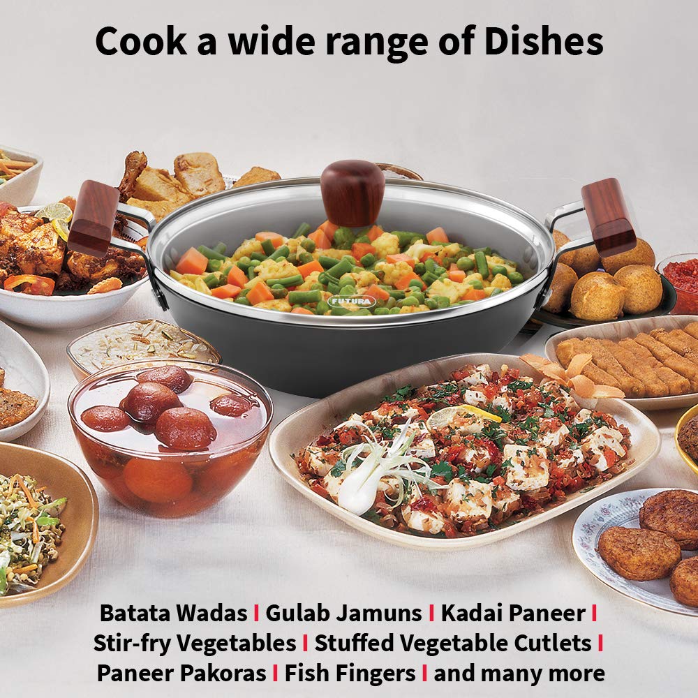 Hawkins Futura 2.5 Litre Fish Fry Kadhai, Hard Anodised Deep Fry Pan with Glass Lid, Round Bottom Kadai, Black (AFFK25G)