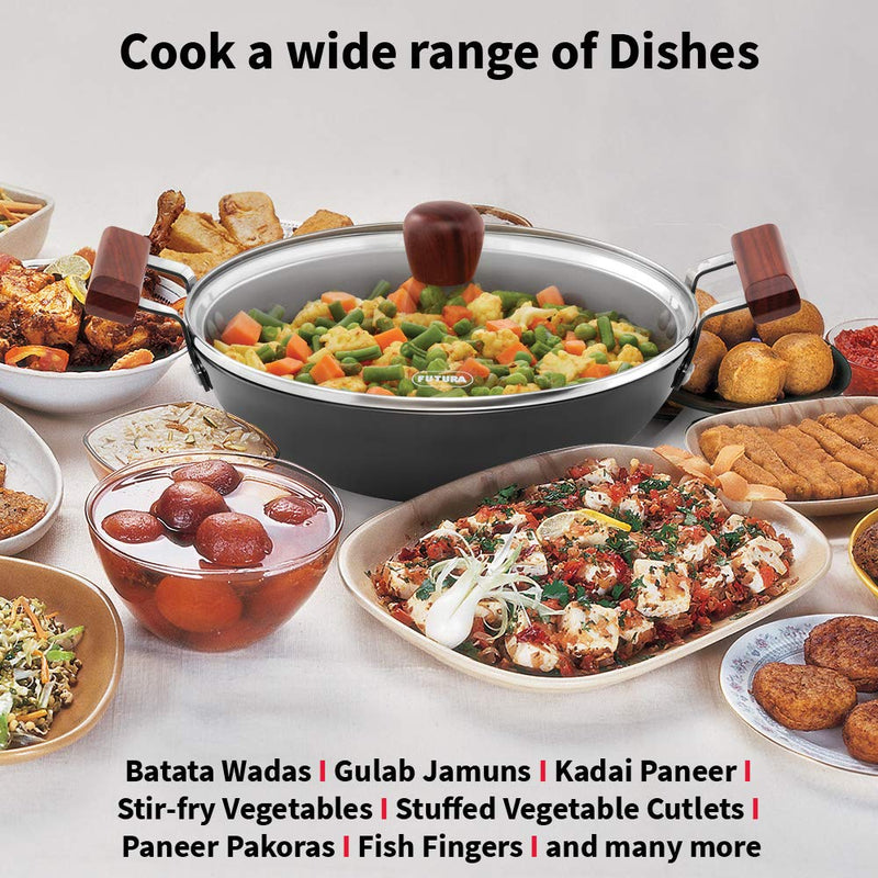 Hawkins Futura 2.5 Litre Fish Fry Kadhai, Hard Anodised Deep Fry Pan with Glass Lid, Round Bottom Kadai, Black (AFFK25G)